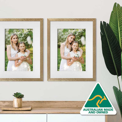 natural oak timber frames with photos on wall