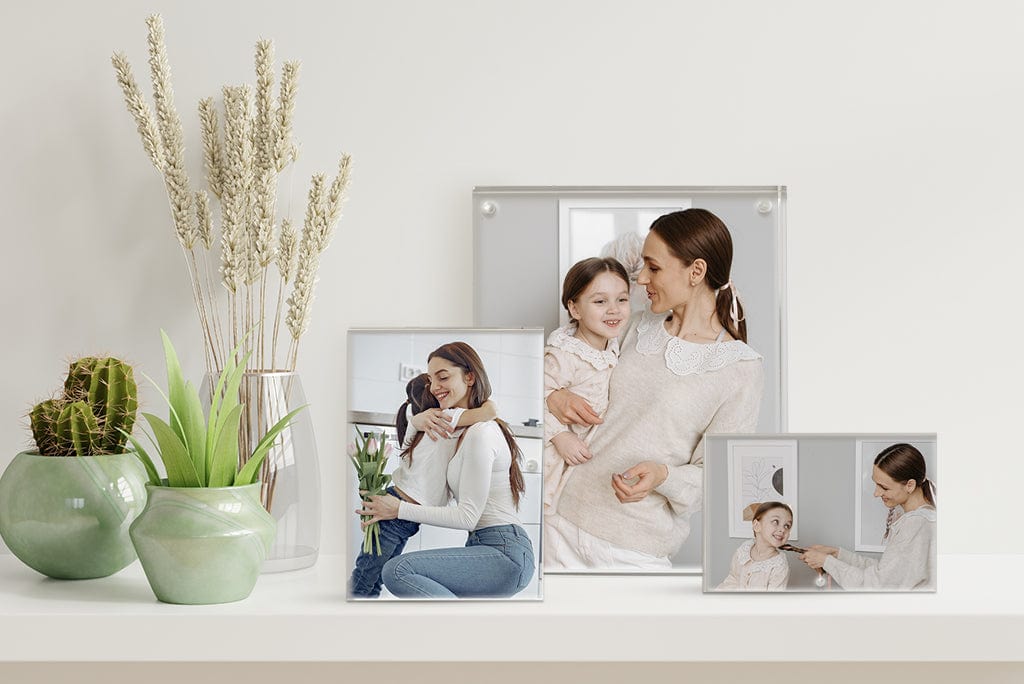 acrylic photo blocks displayed on shelf