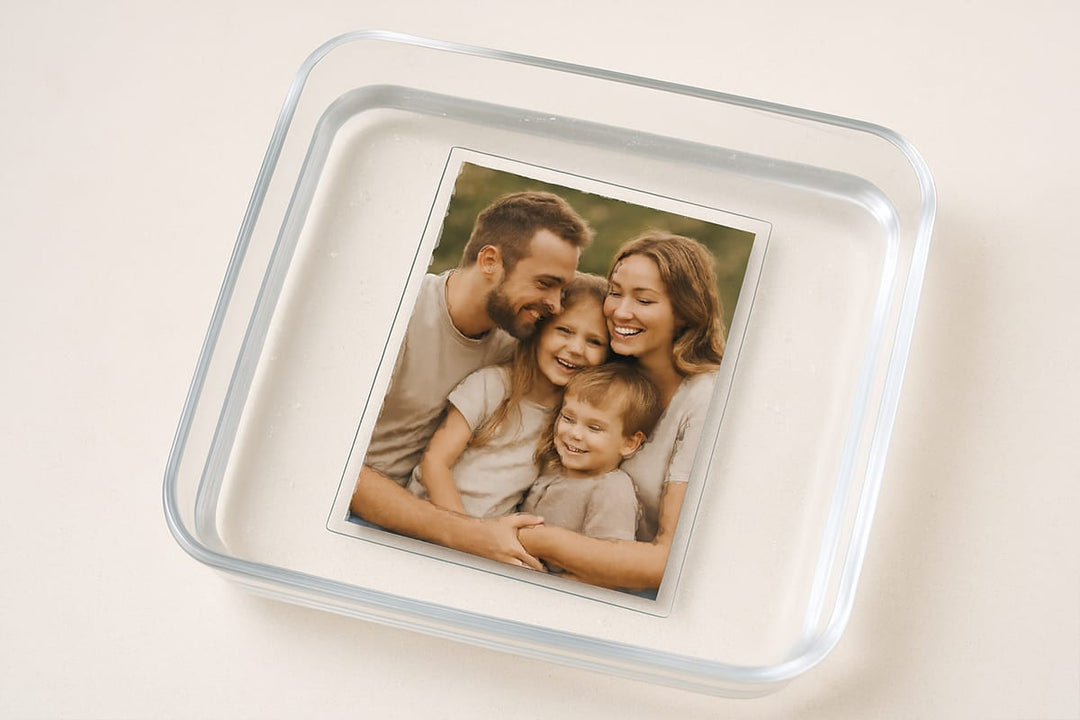 Photo stuck to Glass soaking in  tray of water