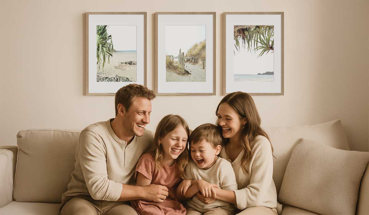 Family in lounge room with framed artworks on wall