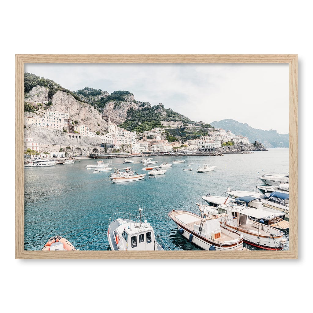 Amalfi Coast With Boats 2 Modern Wall Art Print A4 (21 x 29.7cm) / Natural Oak Frame / No Border from our Australian Made Framed Wall Art, Prints & Posters collection by Profile Products (Australia) Pty Ltd