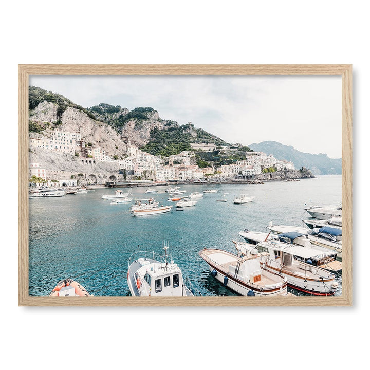 Amalfi Coast With Boats 2 Modern Wall Art Print A4 (21 x 29.7cm) / Natural Oak Frame / No Border from our Australian Made Framed Wall Art, Prints & Posters collection by Profile Products (Australia) Pty Ltd
