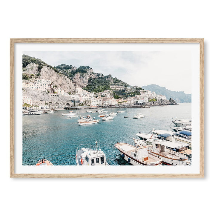 Amalfi Coast With Boats 2 Wall Art Print A1 (59.4 x 84.1cm) / Natural Oak Frame / White Border from our Australian Made Wall Art collection by Profile Australia