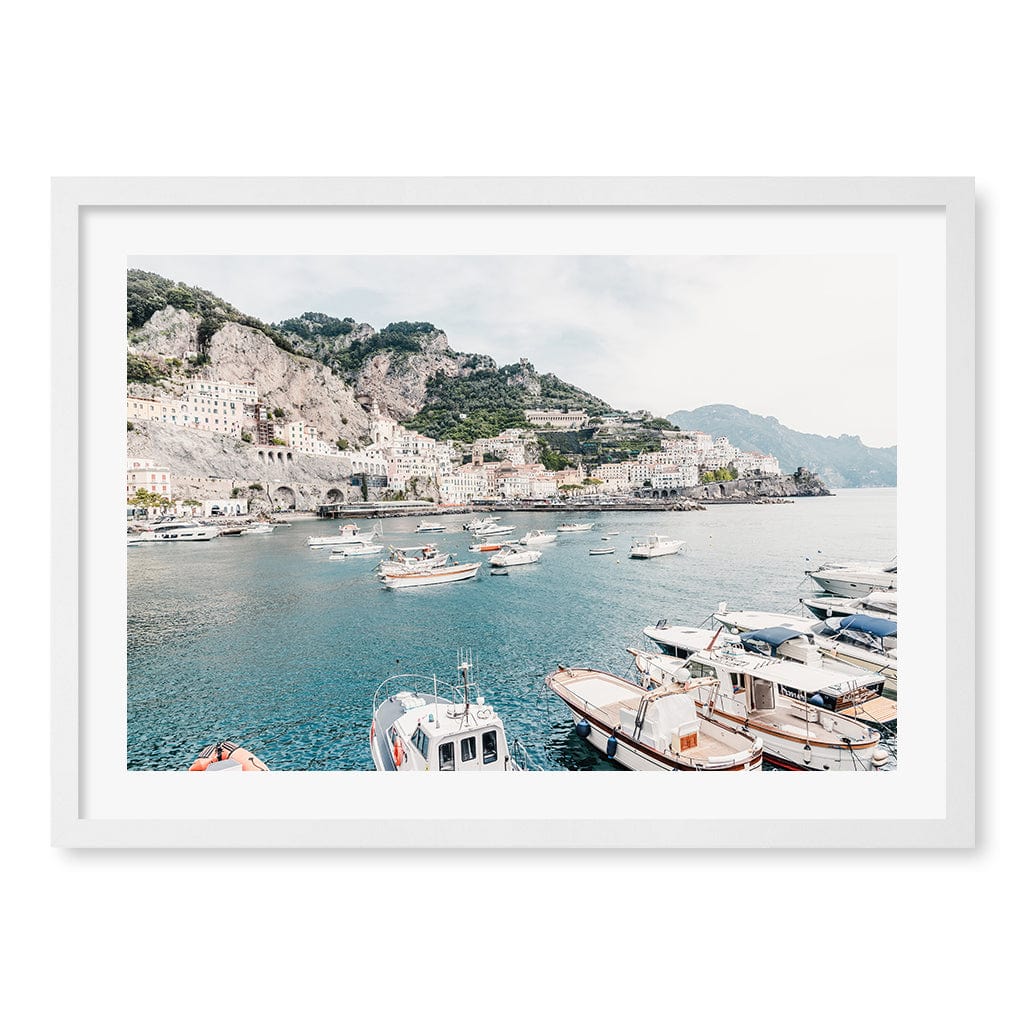 Amalfi Coast With Boats 2 Wall Art Print A2 (42 x 59.4cm) / Matte White Frame / White Border from our Australian Made Wall Art collection by Profile Australia