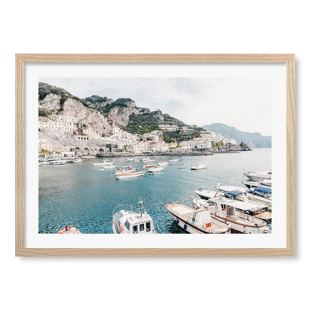 Amalfi Coast With Boats 2 Wall Art Print A2 (42 x 59.4cm) / Natural Oak Frame / White Border from our Australian Made Wall Art collection by Profile Australia