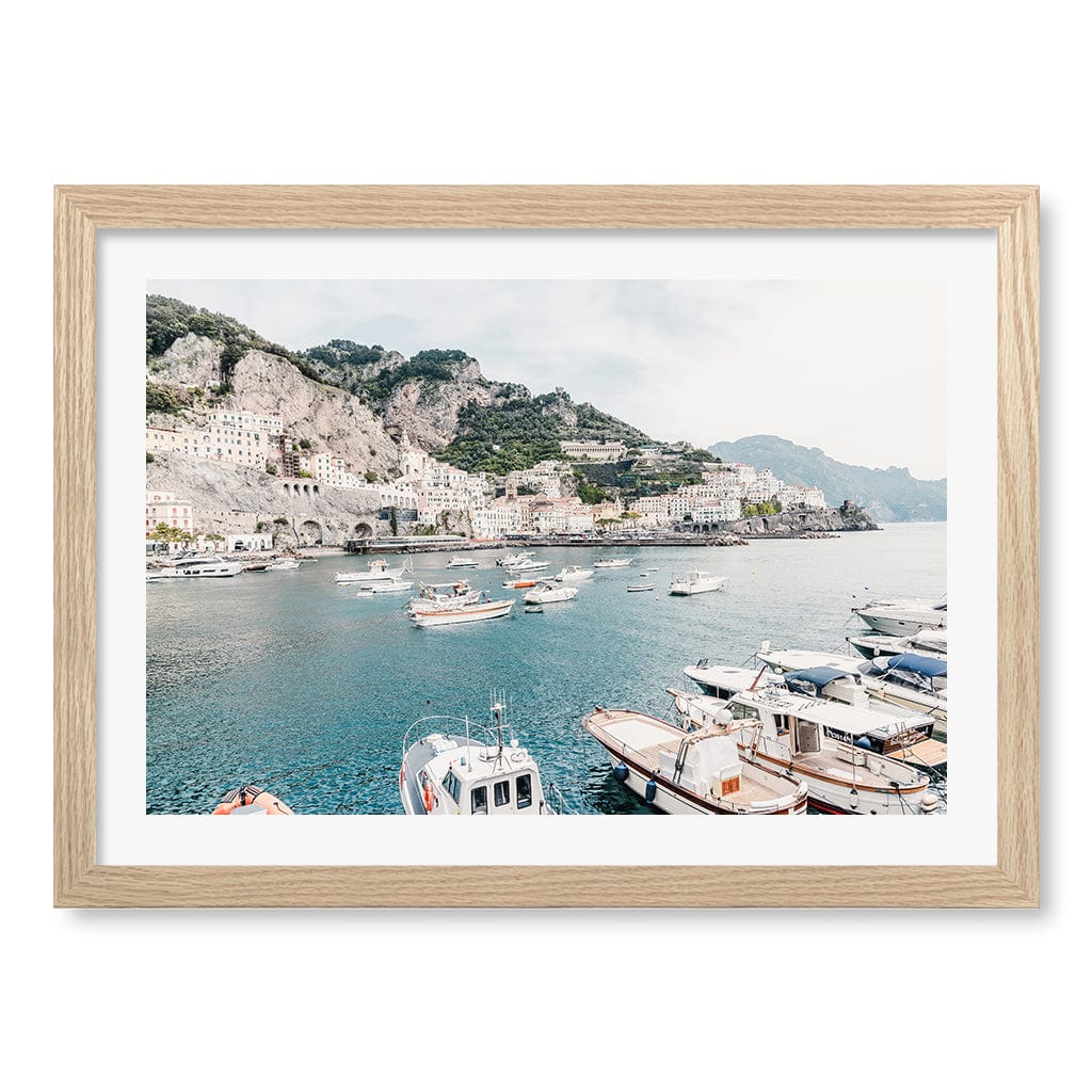 Amalfi Coast With Boats 2 Wall Art Print A3 (29.7 x 42cm) / Natural Oak Frame / White Border from our Australian Made Wall Art collection by Profile Australia