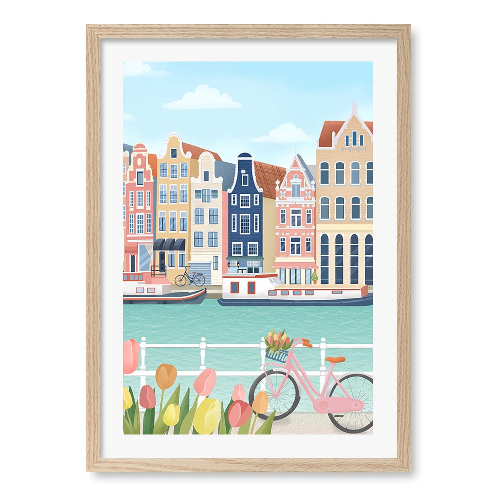 Amsterdam City Wall Art Print A2 (42 x 59.4cm) / Natural Oak Frame / White Border from our Australian Made Wall Art collection by Profile Australia