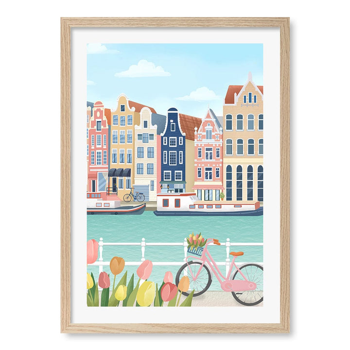 Amsterdam City Wall Art Print A2 (42 x 59.4cm) / Natural Oak Frame / White Border from our Australian Made Wall Art collection by Profile Australia