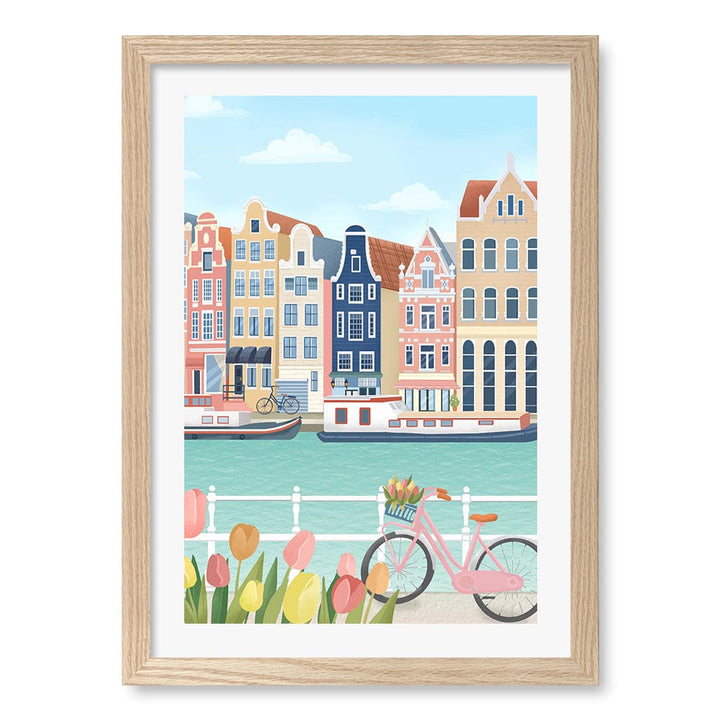 Amsterdam City Wall Art Print A3 (29.7 x 42cm) / Natural Oak Frame / White Border from our Australian Made Wall Art collection by Profile Australia