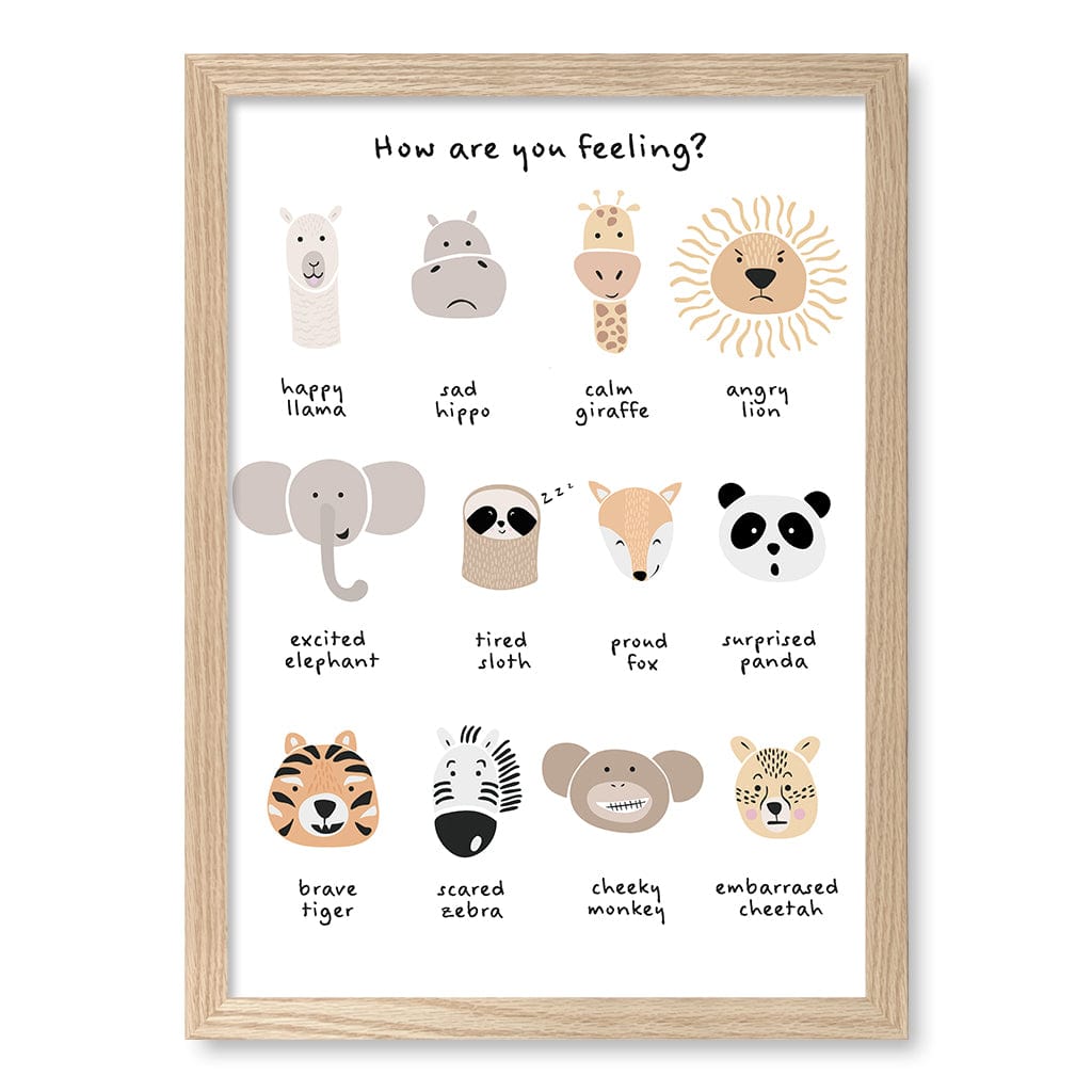 Animal Emotions Kids Wall Art Print A3 (29.7 x 42cm) / Natural Oak Frame / No Border from our Australian Made Framed Wall Art, Prints & Posters collection by Profile Products (Australia) Pty Ltd