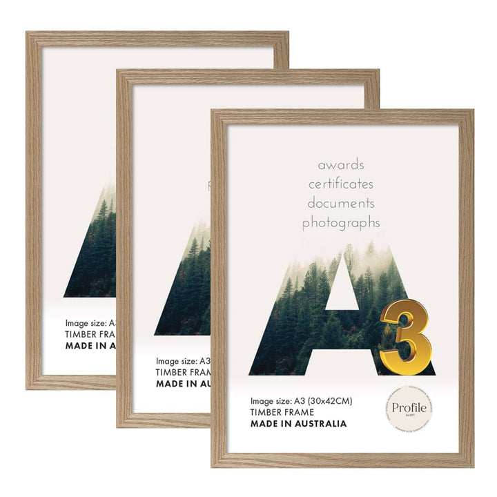Elegant Natural Oak A3 Set of Frames (Bulk Frame Bundle 3 Pack) from our Australian Made Picture Frames collection by Profile Products (Australia) Pty Ltd