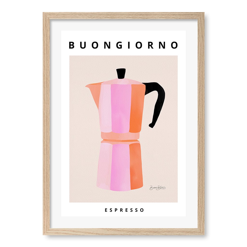 Espresso Buongiorno Modern Wall Art Print by Baroo Bloom A4 (21 x 29.7cm) / Natural Oak Frame / White Border from our Australian Made Framed Wall Art, Prints & Posters collection by Profile Products (Australia) Pty Ltd