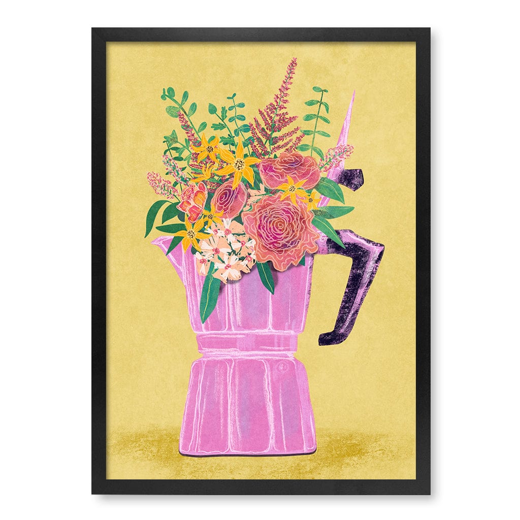 Espresso Maker With Flowers Modern Wall Art Print A4 (21 x 29.7cm) / Matte Black Frame / No Border from our Australian Made Framed Wall Art, Prints & Posters collection by Profile Products (Australia) Pty Ltd