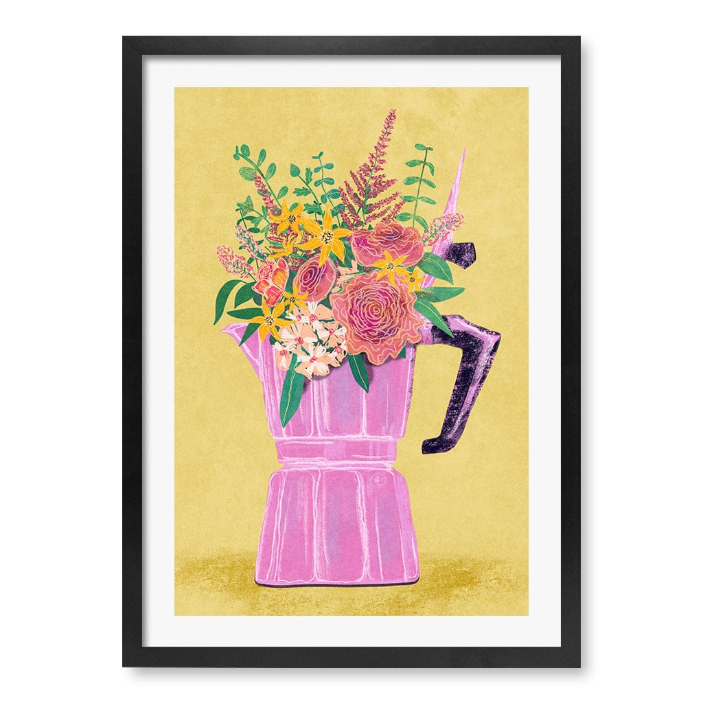 Espresso Maker With Flowers Modern Wall Art Print A4 (21 x 29.7cm) / Matte Black Frame / White Border from our Australian Made Framed Wall Art, Prints & Posters collection by Profile Products (Australia) Pty Ltd