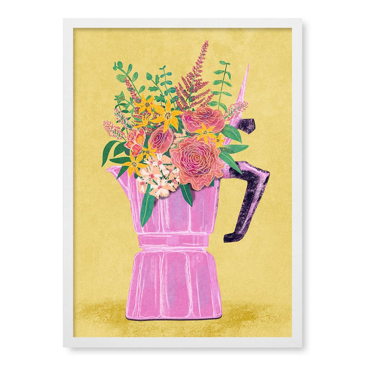 Espresso Maker With Flowers Modern Wall Art Print A4 (21 x 29.7cm) / Matte White Frame / No Border from our Australian Made Framed Wall Art, Prints & Posters collection by Profile Products (Australia) Pty Ltd