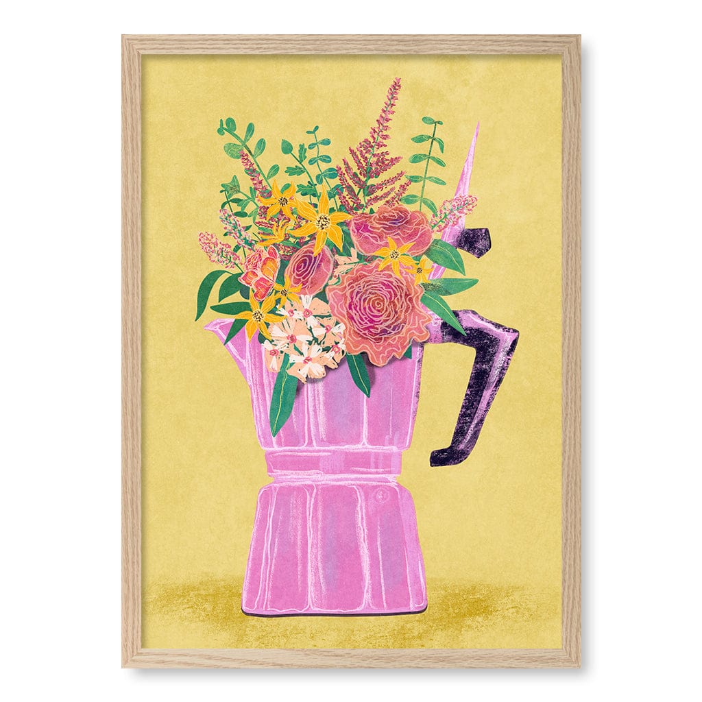 Espresso Maker With Flowers Modern Wall Art Print A4 (21 x 29.7cm) / Natural Oak Frame / No Border from our Australian Made Framed Wall Art, Prints & Posters collection by Profile Products (Australia) Pty Ltd