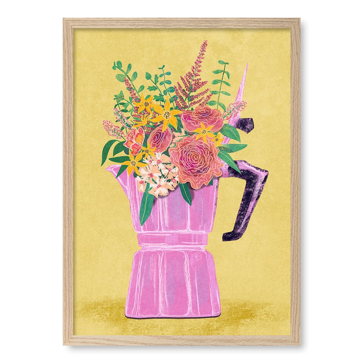Espresso Maker With Flowers Modern Wall Art Print A4 (21 x 29.7cm) / Natural Oak Frame / No Border from our Australian Made Framed Wall Art, Prints & Posters collection by Profile Products (Australia) Pty Ltd