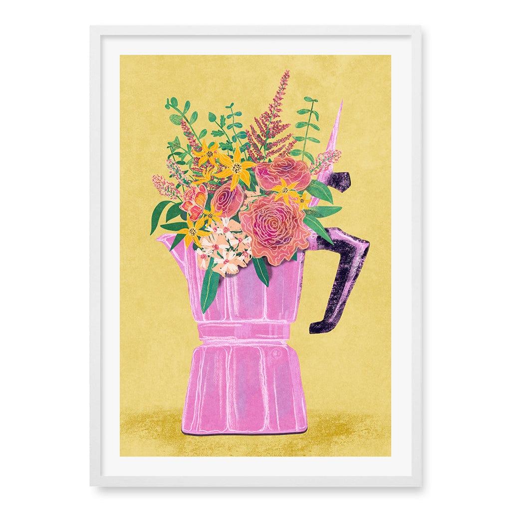 Espresso Maker With Flowers Wall Art Print A1 (59.4 x 84.1cm) / Matte White Frame / White Border from our Australian Made Wall Art collection by Profile Australia