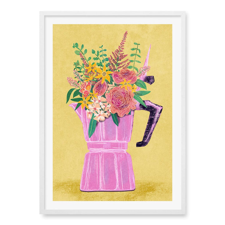 Espresso Maker With Flowers Wall Art Print A1 (59.4 x 84.1cm) / Matte White Frame / White Border from our Australian Made Wall Art collection by Profile Australia