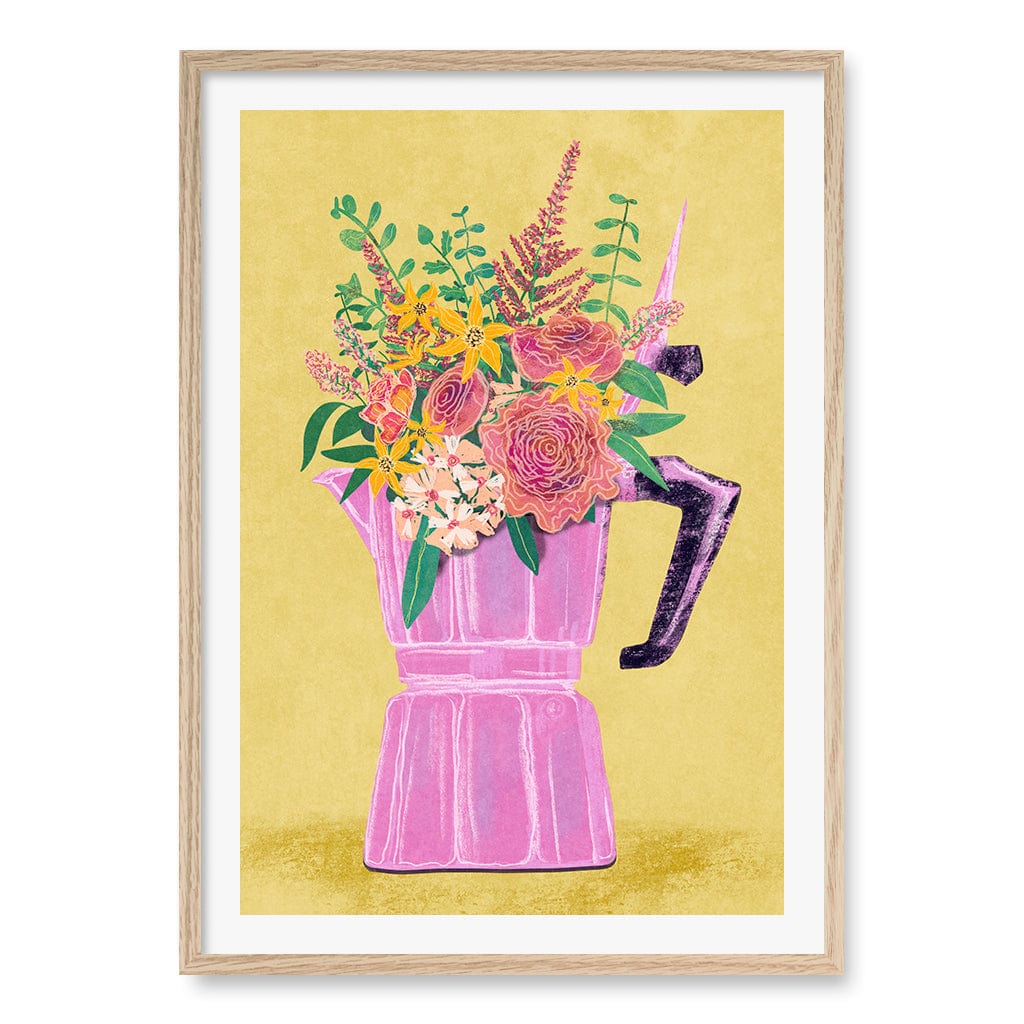 Espresso Maker With Flowers Wall Art Print A1 (59.4 x 84.1cm) / Natural Oak Frame / White Border from our Australian Made Wall Art collection by Profile Australia