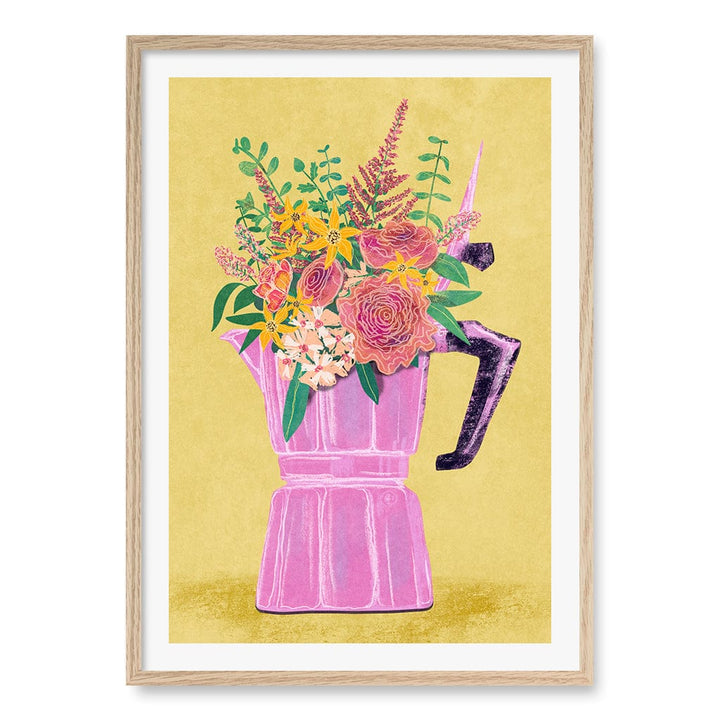 Espresso Maker With Flowers Wall Art Print A1 (59.4 x 84.1cm) / Natural Oak Frame / White Border from our Australian Made Wall Art collection by Profile Australia