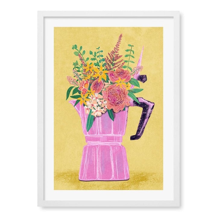 Espresso Maker With Flowers Wall Art Print A2 (42 x 59.4cm) / Matte White Frame / White Border from our Australian Made Wall Art collection by Profile Australia