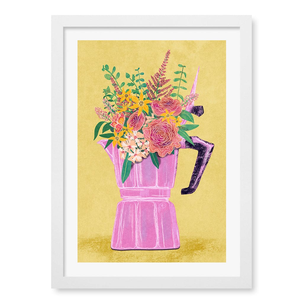 Espresso Maker With Flowers Wall Art Print A3 (29.7 x 42cm) / Matte White Frame / White Border from our Australian Made Wall Art collection by Profile Australia