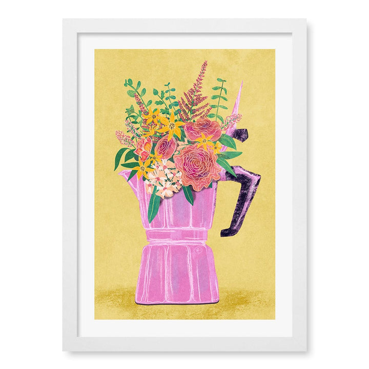Espresso Maker With Flowers Wall Art Print A3 (29.7 x 42cm) / Matte White Frame / White Border from our Australian Made Wall Art collection by Profile Australia