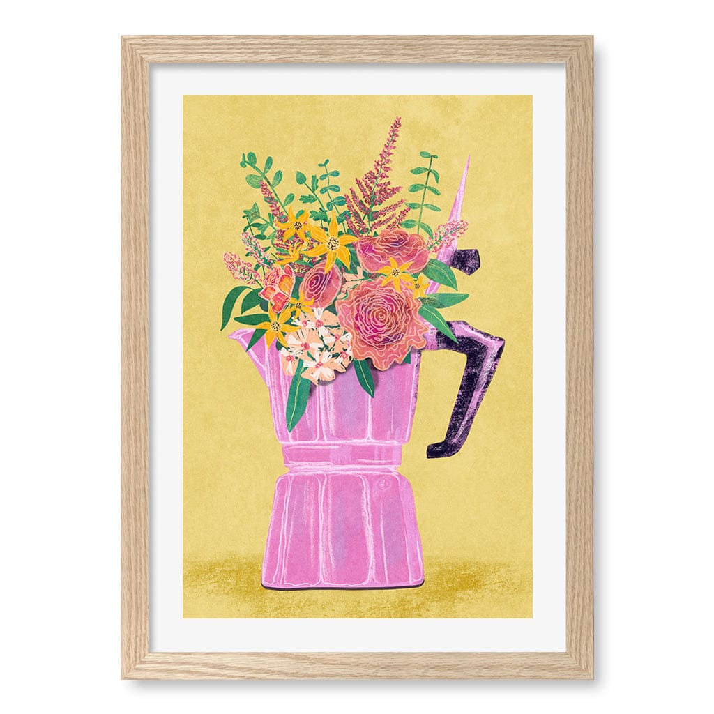 Espresso Maker With Flowers Wall Art Print A3 (29.7 x 42cm) / Natural Oak Frame / White Border from our Australian Made Wall Art collection by Profile Australia