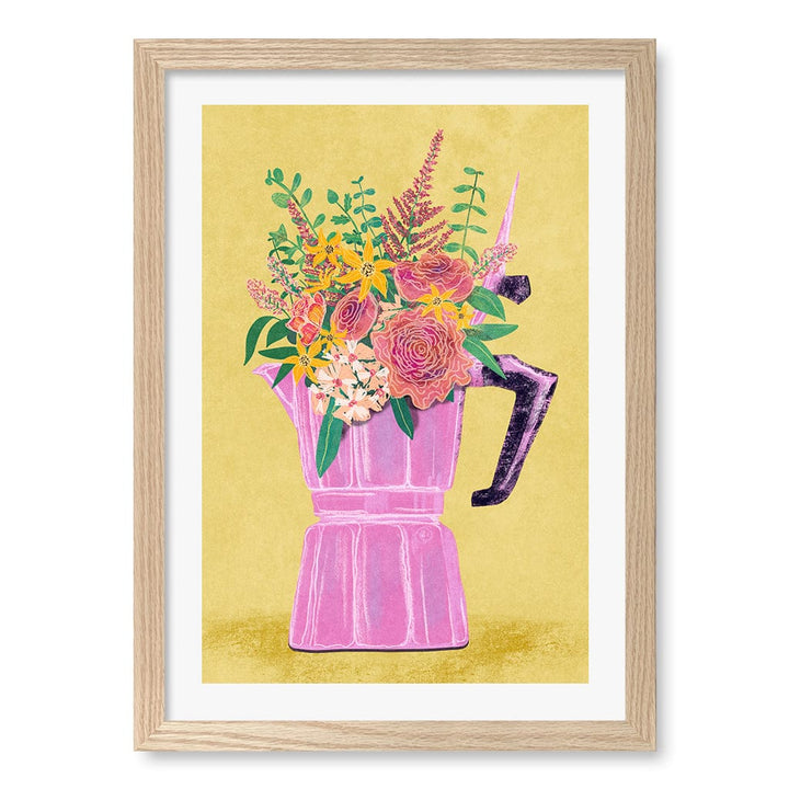 Espresso Maker With Flowers Wall Art Print A3 (29.7 x 42cm) / Natural Oak Frame / White Border from our Australian Made Wall Art collection by Profile Australia