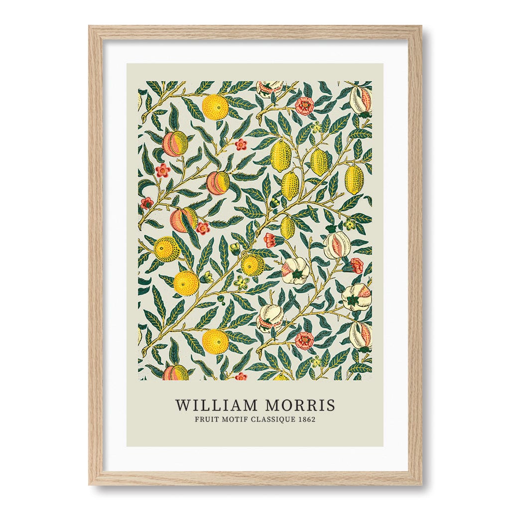 Four Fruits Motif - William Morris Floral Art Print A4 (21 x 29.7cm) / Natural Oak Frame / White Border from our Australian Made Framed Wall Art, Prints & Posters collection by Profile Products (Australia) Pty Ltd