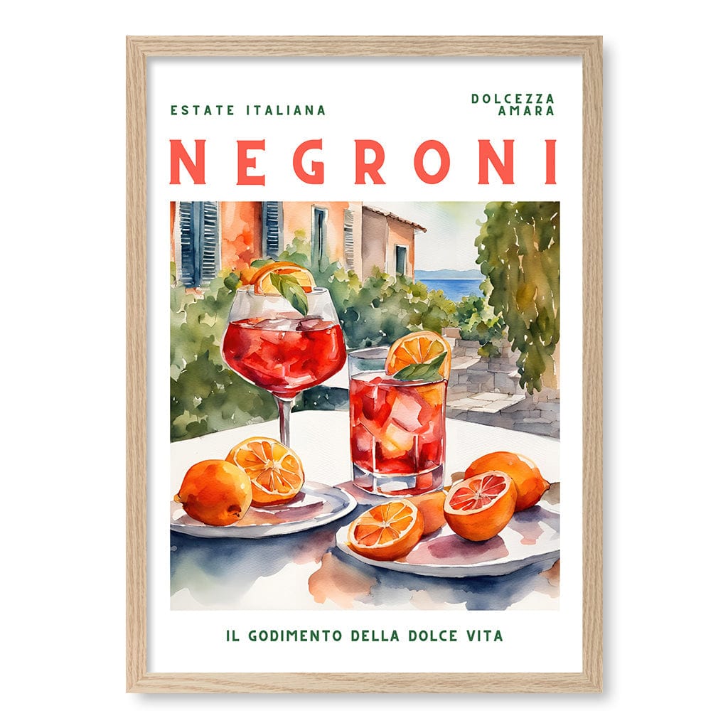 Negroni Cocktail Wall Art Print A4 (21 x 29.7cm) / Natural Oak Frame / No Border from our Australian Made Framed Wall Art, Prints & Posters collection by Profile Products (Australia) Pty Ltd