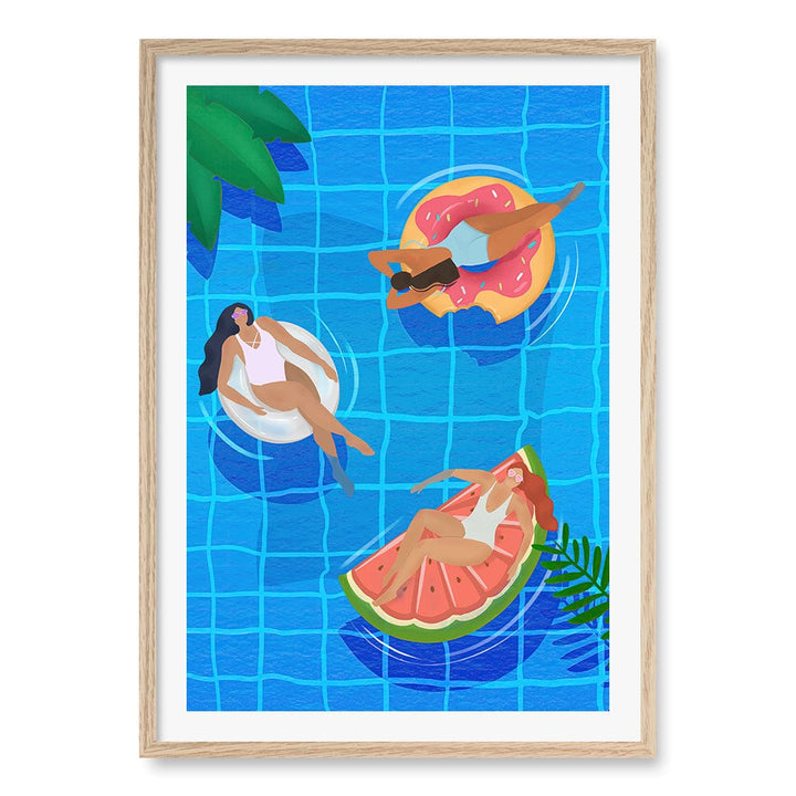 Pool Ladies Wall Art Print A1 (59.4 x 84.1cm) / Natural Oak Frame / White Border from our Australian Made Wall Art collection by Profile Australia