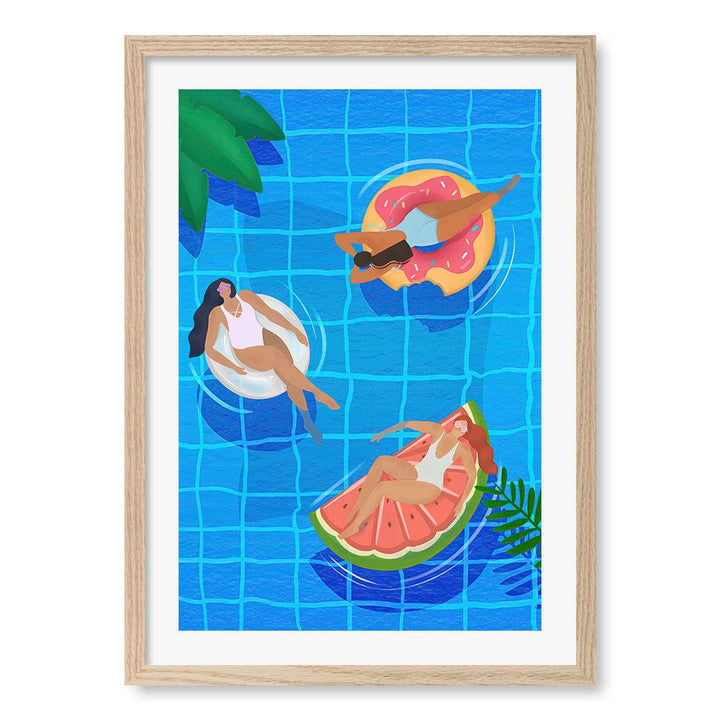 Pool Ladies Wall Art Print A2 (42 x 59.4cm) / Natural Oak Frame / White Border from our Australian Made Wall Art collection by Profile Australia