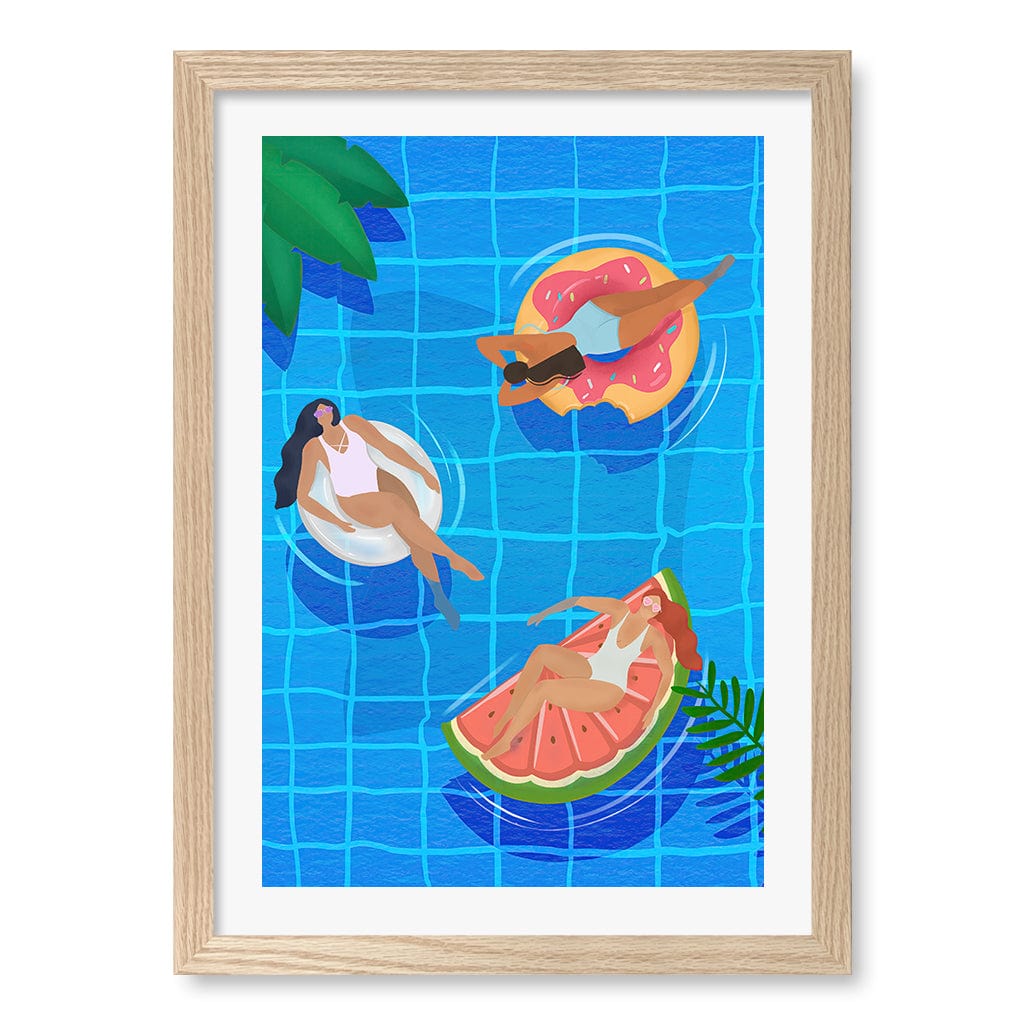 Pool Ladies Wall Art Print A3 (29.7 x 42cm) / Natural Oak Frame / White Border from our Australian Made Wall Art collection by Profile Australia