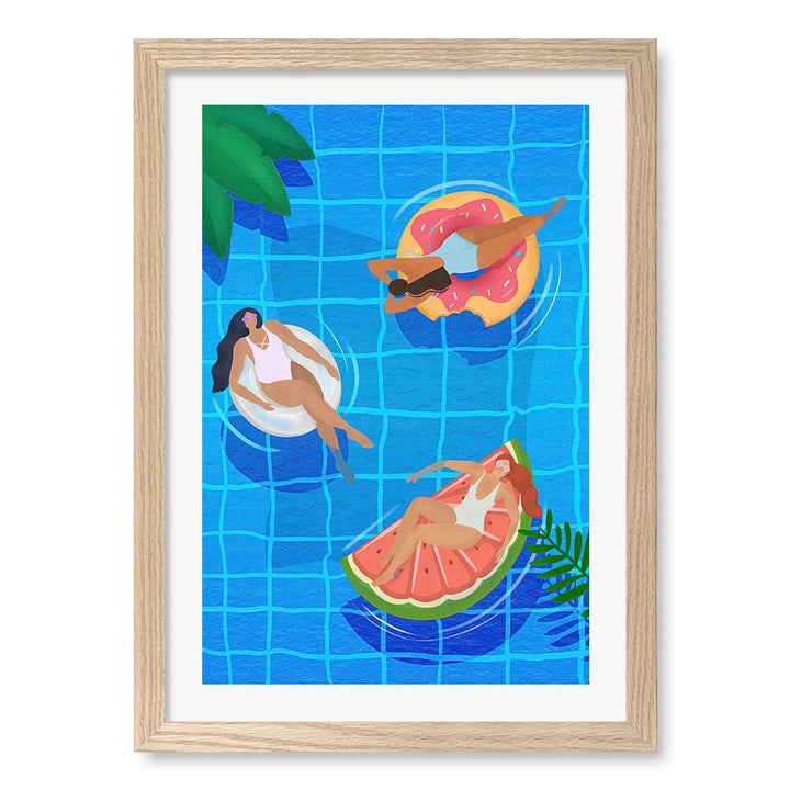 Pool Ladies Wall Art Print A3 (29.7 x 42cm) / Natural Oak Frame / White Border from our Australian Made Wall Art collection by Profile Australia