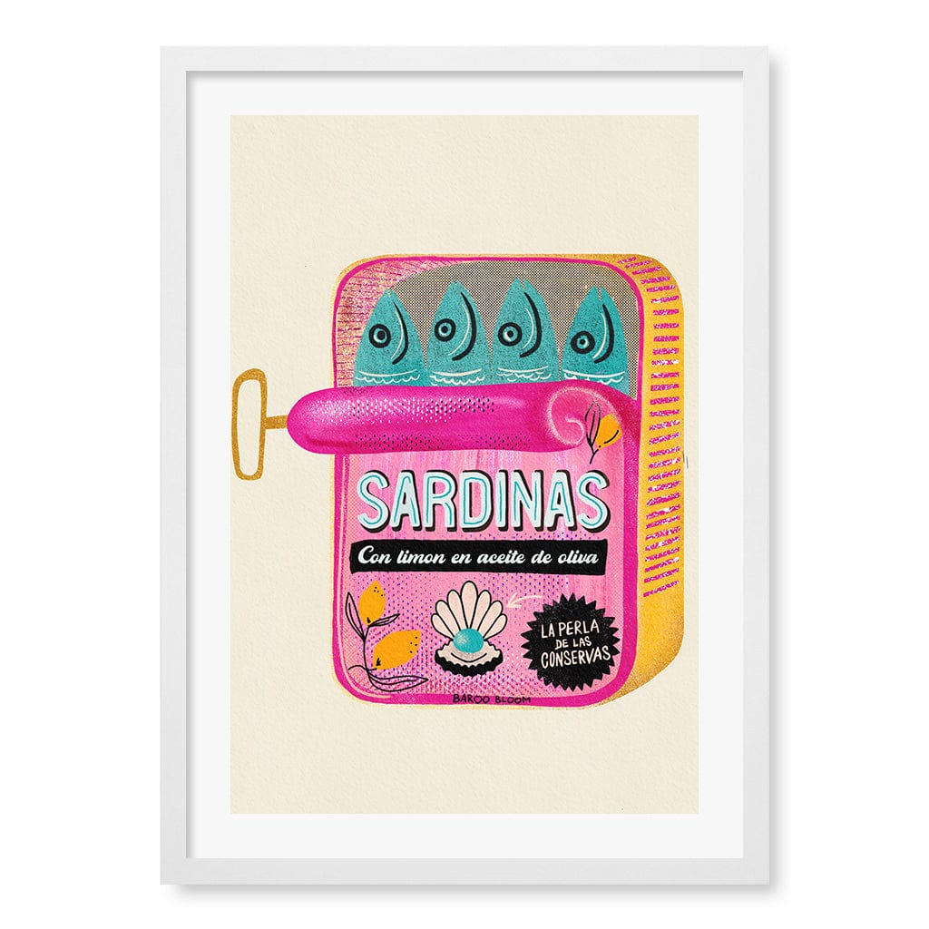 Sardines Tin Can Modern Wall Art Print by Baroo Bloom A4 (21 x 29.7cm) / Matte White Frame / White Border from our Australian Made Framed Wall Art, Prints & Posters collection by Profile Products (Australia) Pty Ltd