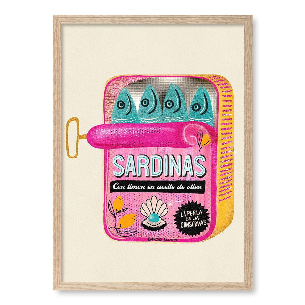 Sardines Tin Can Modern Wall Art Print by Baroo Bloom A4 (21 x 29.7cm) / Natural Oak Frame / No Border from our Australian Made Framed Wall Art, Prints & Posters collection by Profile Products (Australia) Pty Ltd
