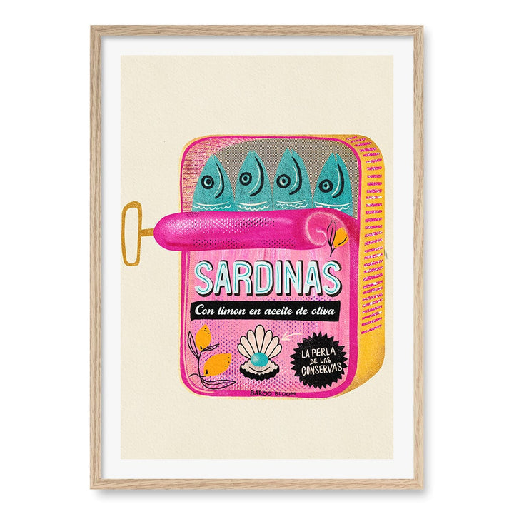 Sardines Tin Can Wall Art Print A1 (59.4 x 84.1cm) / Natural Oak Frame / White Border from our Australian Made Wall Art collection by Profile Australia