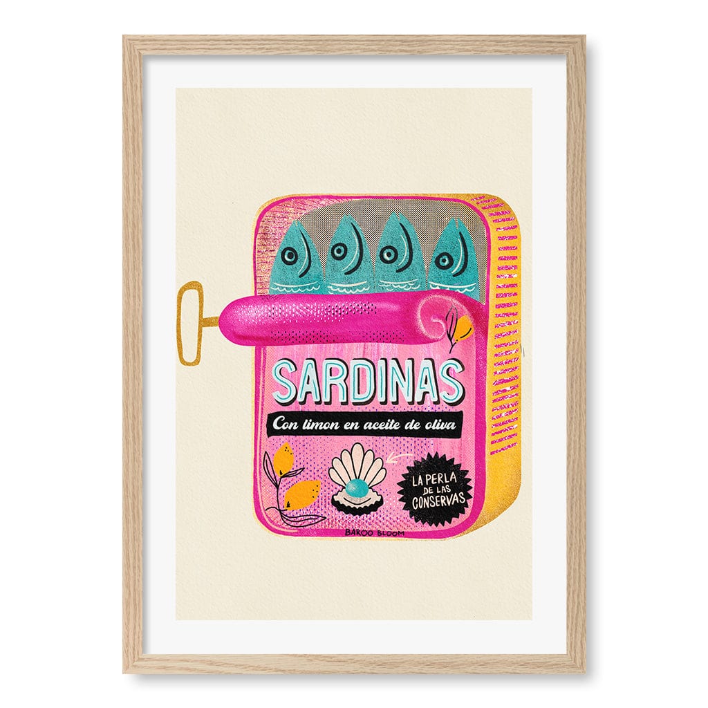 Sardines Tin Can Wall Art Print A2 (42 x 59.4cm) / Natural Oak Frame / White Border from our Australian Made Wall Art collection by Profile Australia