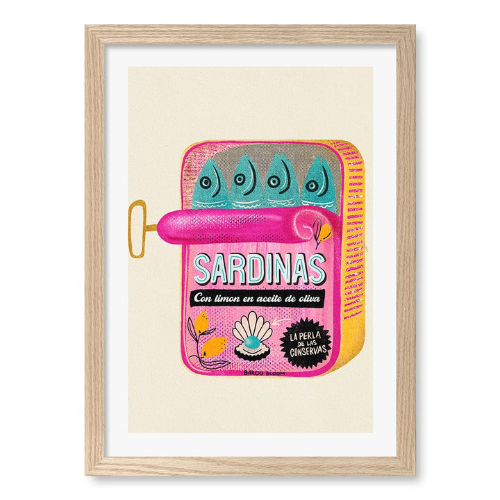 Sardines Tin Can Wall Art Print A3 (29.7 x 42cm) / Natural Oak Frame / White Border from our Australian Made Wall Art collection by Profile Australia