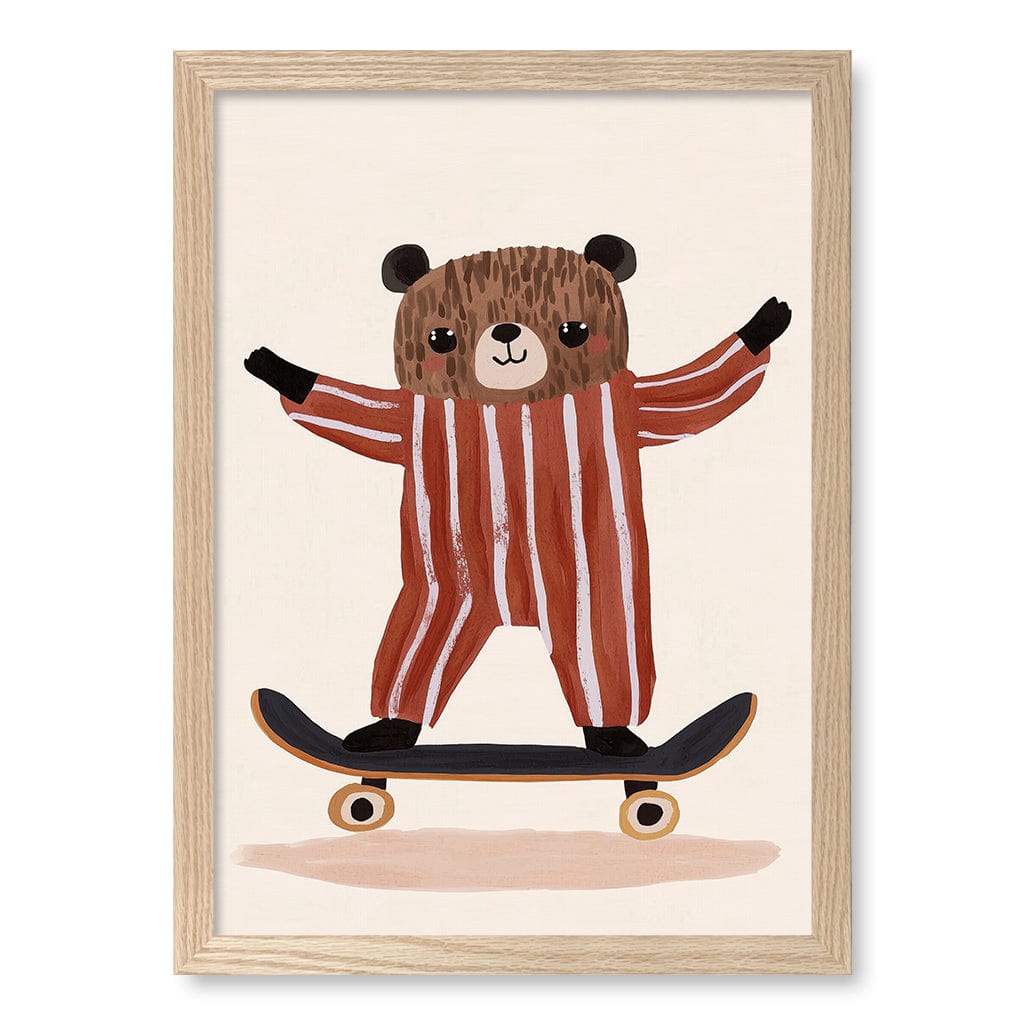 Skater Bear Kids Wall Art Print A3 (29.7 x 42cm) / Natural Oak Frame / No Border from our Australian Made Framed Wall Art, Prints & Posters collection by Profile Products (Australia) Pty Ltd