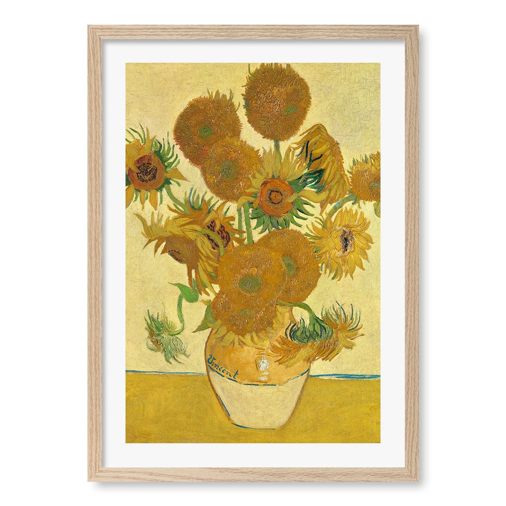 Sunflowers - Vincent van Gogh Art Print A4 (21 x 29.7cm) / Natural Oak Frame / White Border from our Australian Made Framed Wall Art, Prints & Posters collection by Profile Products (Australia) Pty Ltd
