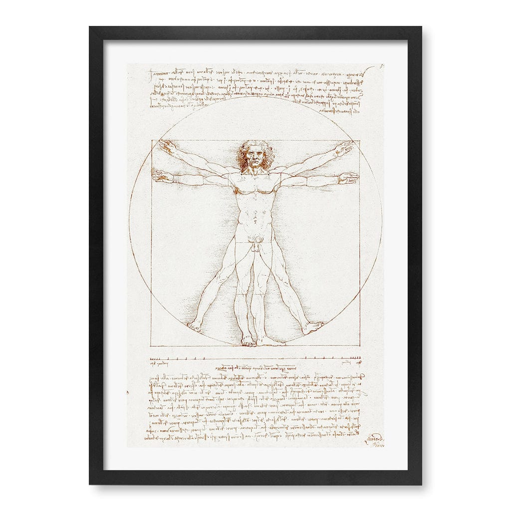 Vitruvian Man - Leonardo da Vinci Art Print A4 (21 x 29.7cm) / Matte Black Frame / White Border from our Australian Made Framed Wall Art, Prints & Posters collection by Profile Products (Australia) Pty Ltd
