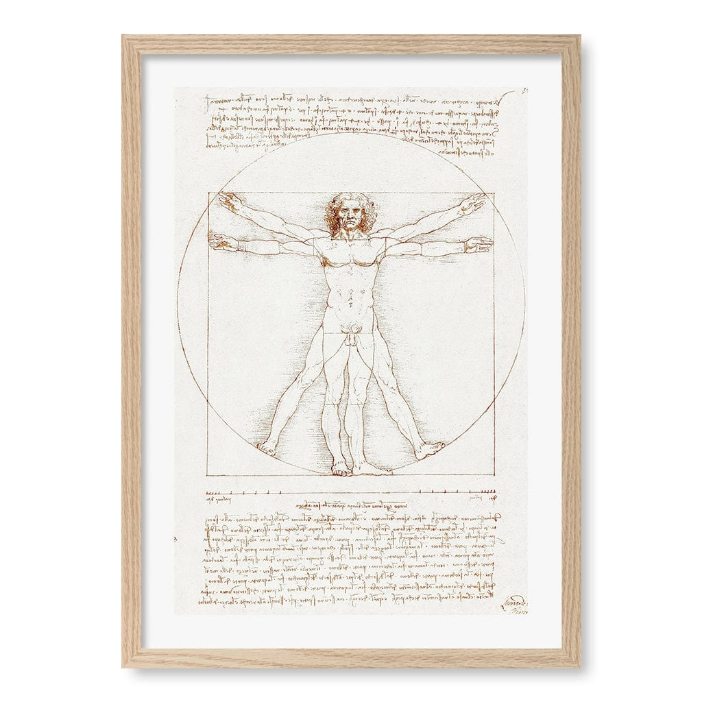 Vitruvian Man - Leonardo da Vinci Art Print A4 (21 x 29.7cm) / Natural Oak Frame / White Border from our Australian Made Framed Wall Art, Prints & Posters collection by Profile Products (Australia) Pty Ltd