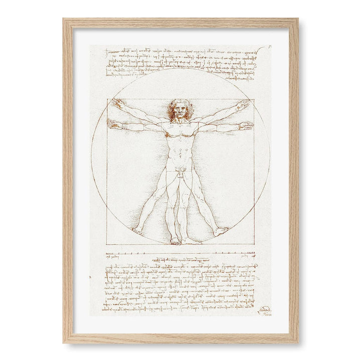 Vitruvian Man - Leonardo da Vinci Art Print A4 (21 x 29.7cm) / Natural Oak Frame / White Border from our Australian Made Framed Wall Art, Prints & Posters collection by Profile Products (Australia) Pty Ltd