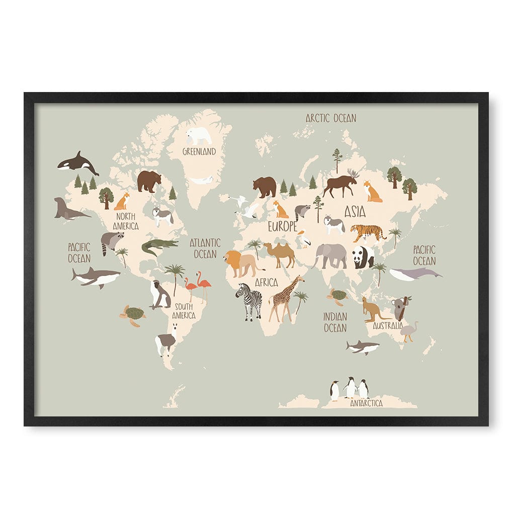 Wildlife World Map Educational Kids Wall Art Print A1 (59.4 x 84.1cm) / Matte Black Frame / No Border from our Australian Made Framed Wall Art, Prints & Posters collection by Profile Products (Australia) Pty Ltd