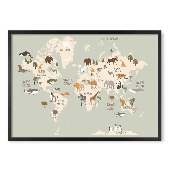 Wildlife World Map Educational Kids Wall Art Print A1 (59.4 x 84.1cm) / Matte Black Frame / No Border from our Australian Made Framed Wall Art, Prints & Posters collection by Profile Products (Australia) Pty Ltd