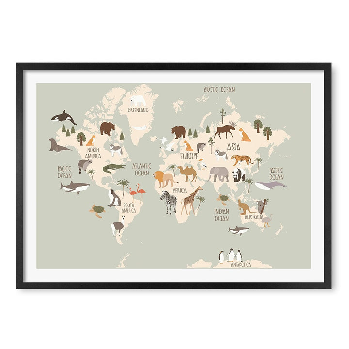 Wildlife World Map Educational Kids Wall Art Print A1 (59.4 x 84.1cm) / Matte Black Frame / White Border from our Australian Made Framed Wall Art, Prints & Posters collection by Profile Products (Australia) Pty Ltd