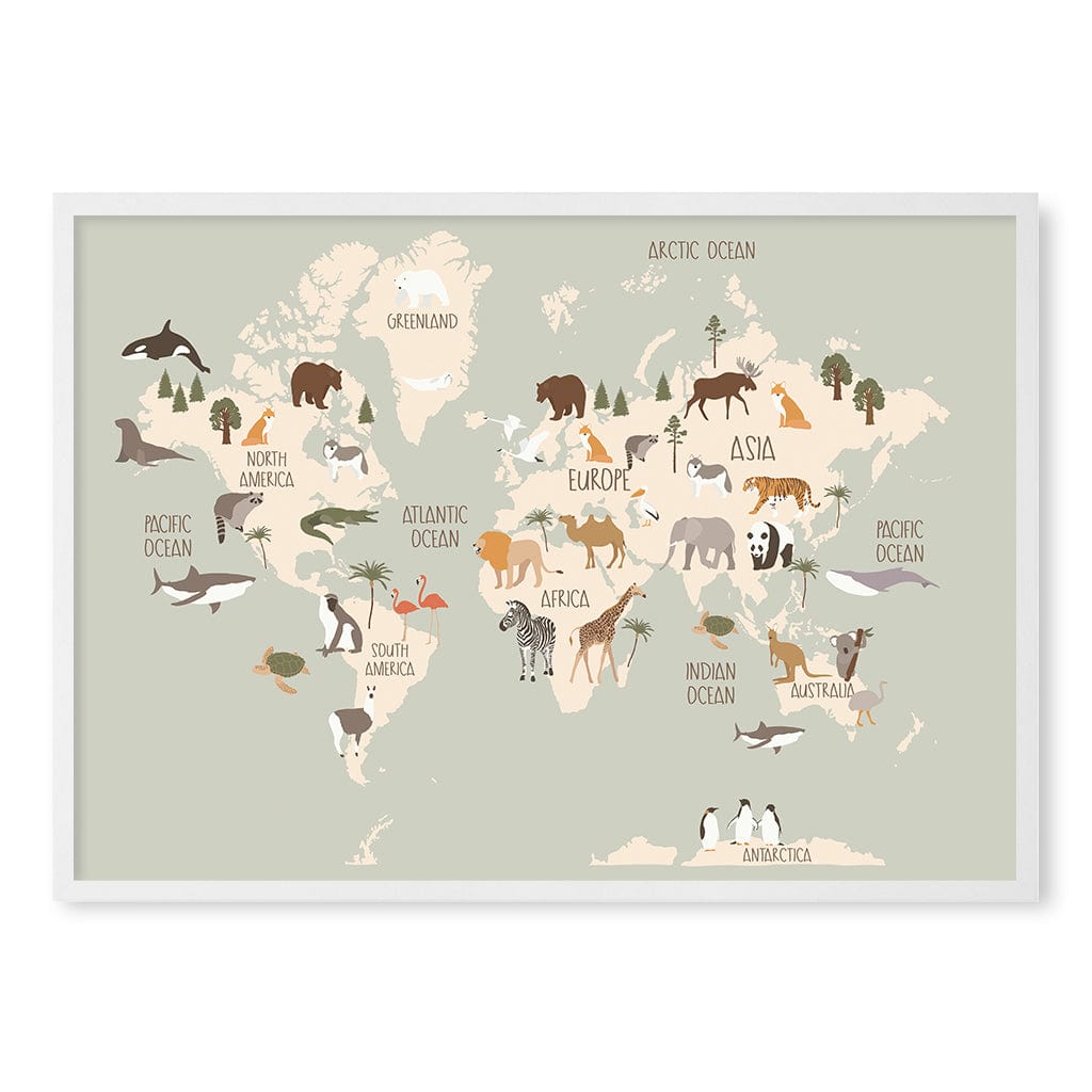 Wildlife World Map Educational Kids Wall Art Print A1 (59.4 x 84.1cm) / Matte White Frame / No Border from our Australian Made Framed Wall Art, Prints & Posters collection by Profile Products (Australia) Pty Ltd